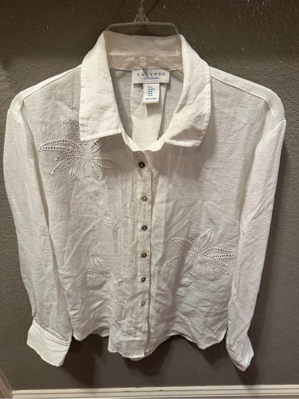 Calypso St Barth Palm Tree Embroidered White Resort Button Shirt Blouse M